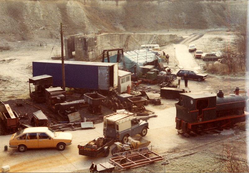arrivals1.jpg - A general view, taken by scaling the cliff to gain height, showing the Pecket 0-6-0ST "Scaldwell", a Wickham chassis and various other items. The old loading ramp, long since demolished, can be seen in the background.
