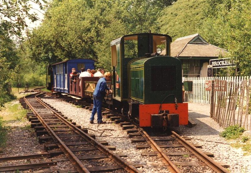 peldon-brockham01.jpg - Peldon in Brockham. Barbouilleur is attached to the front of the train for the next trip to Amberley. Two locomotive working like this was often used as at the time we still had no second train, the Groudle coaches not having been completed.